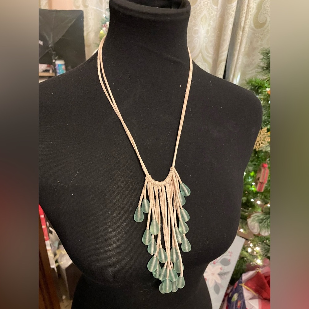Beautiful Necklace Adjustable with green beads on leather Boho